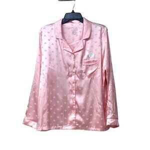 Tahari Womens Satin Button-Down Pajama Top With Heart Pattern, Warm Pink, Sz. XL
